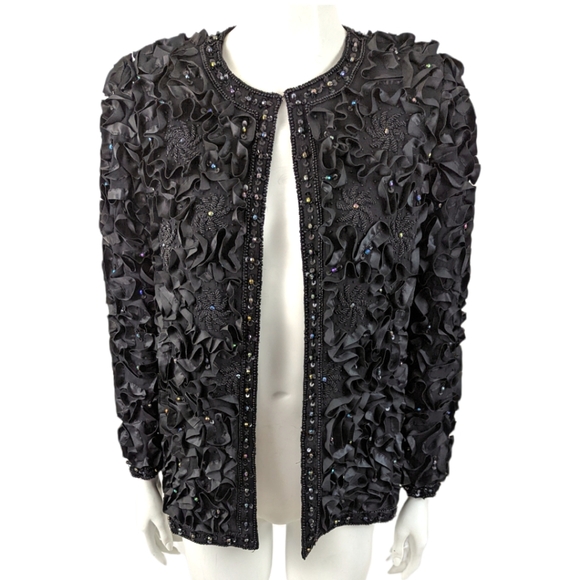 Laurence Kazar Jackets & Blazers - Laurence Kazar Vintage Beaded Embellished Silk Jacket Womens Small Black Formal